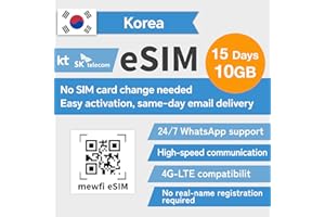 MEWFI eSIM Card for Korea 15 Days 10 GB, Activation Required, Korea SIM Card for esim Compatible Devices, 4G High-Speed Network