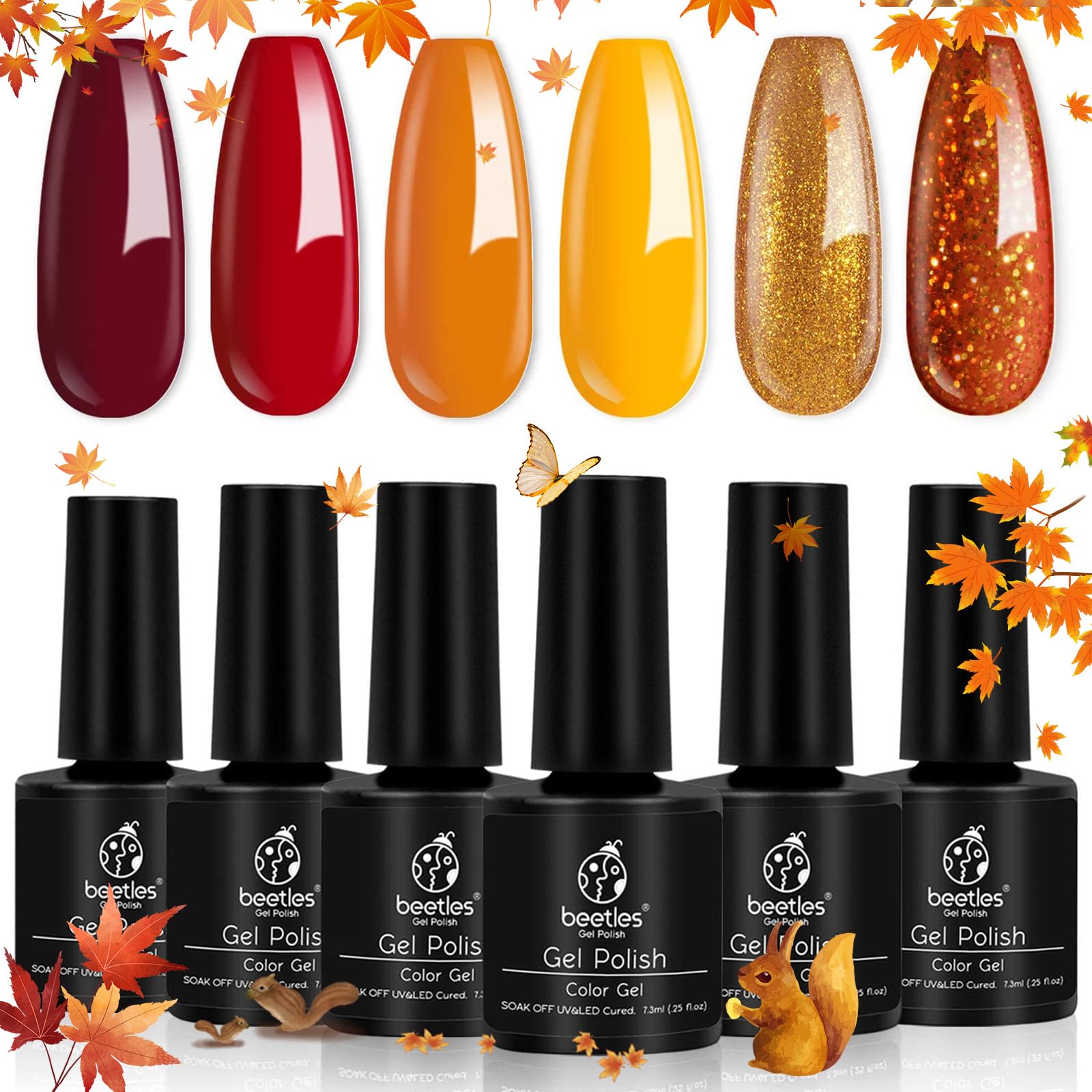 Beetles Halloween Nails Set - 6 Fall Colors, Red & Orange Glitter Gel Polish, Removable with UV LED Lamp, Nail Art Kit - Gifts for Women