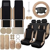 Woanger 47 Car Seat Cover Full Set for Women Included Car Front Rear Seat Fluffy Steering Wheel Cover Belt Automotive Floor Mats Air Conditioner Decoration Strip Universal(Beige)