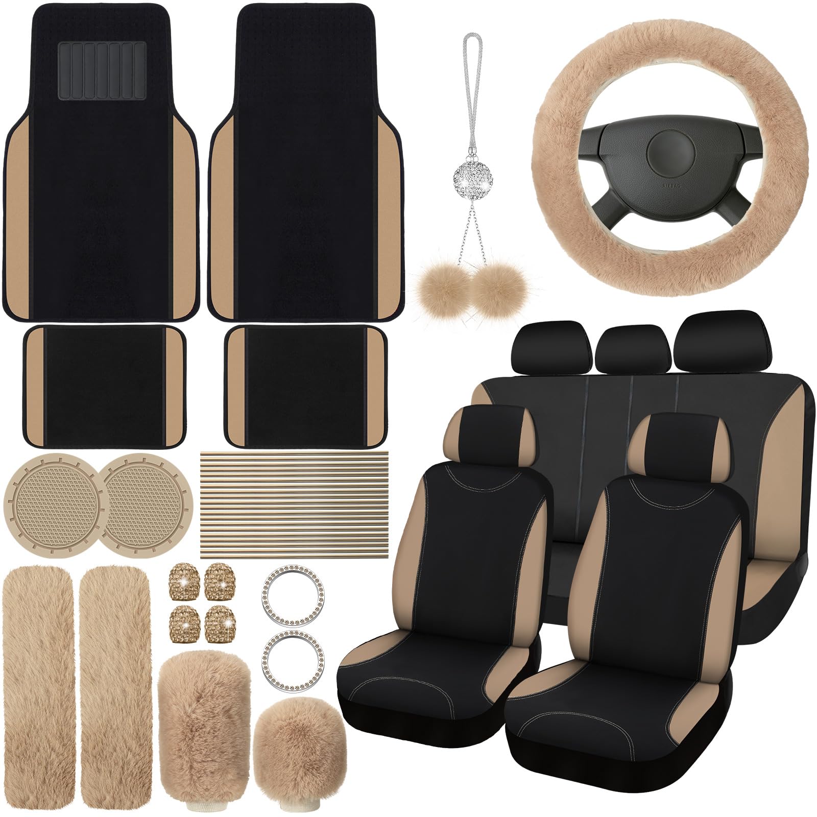 Photo 1 of Woanger 47 Car Seat Cover Full Set for Women Included Car Front Rear Seat Fluffy Steering Wheel Cover Belt Automotive Floor Mats Air Conditioner Decoration Strip Universal(Beige)