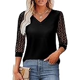Spring Tops for Women 3/4 Sleeve V Neck Lace Blouse Dressy Casual Womens Tops S-XXL