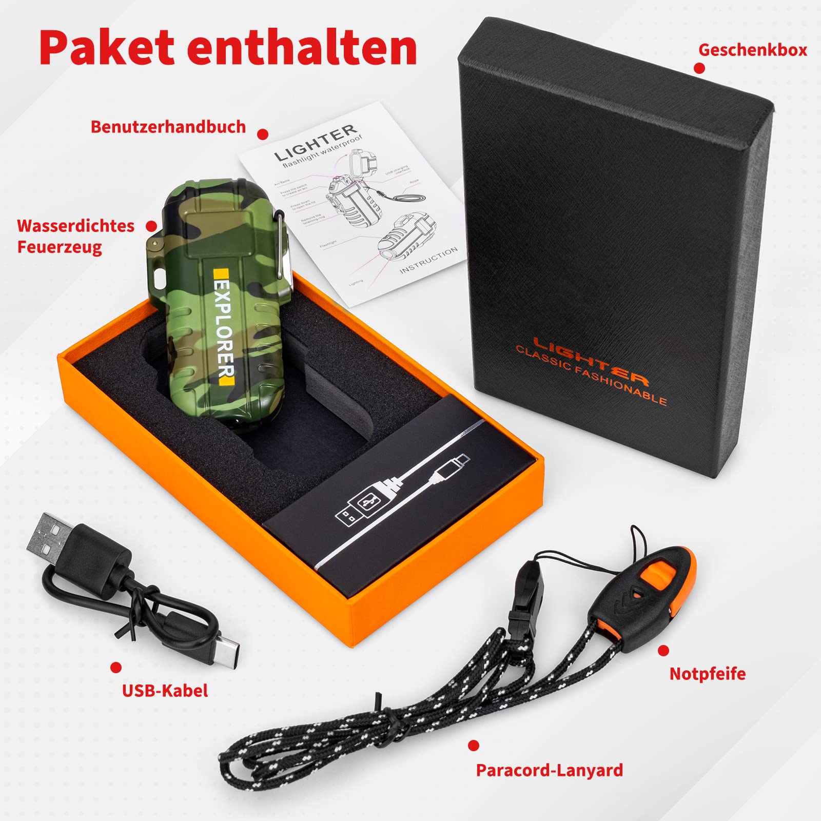 Waterproof & Windproof Electric Lighter for Outdoor Survival Equipment, Professional Type-C Rechargeable Lighter, Dual Arc Lighter Kits for Camping Hiking Survival Equipment