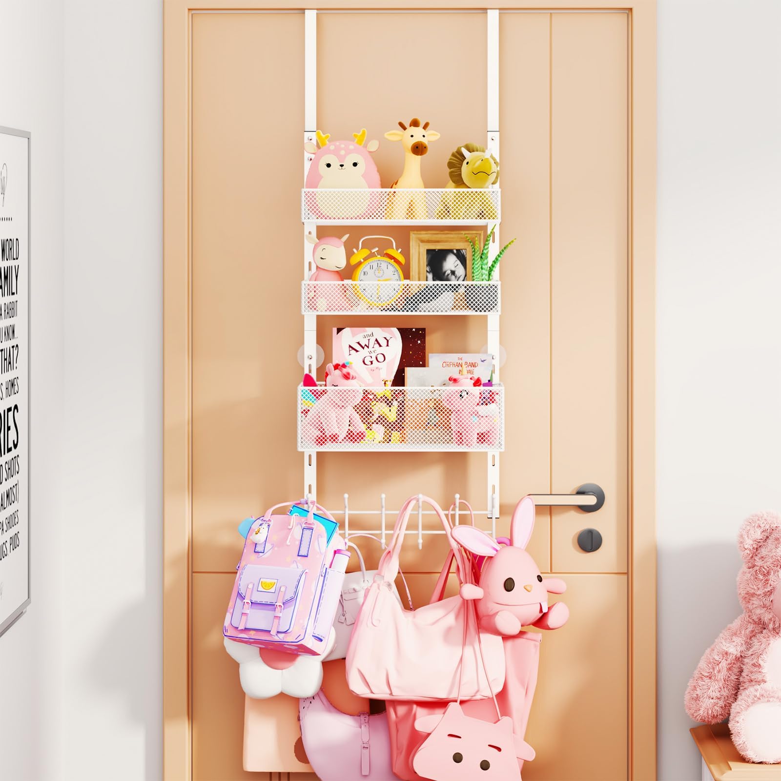 Photo 1 of Consumest Over The Door Hooks Organizer - 4 Tier Door Coat Rack with 3 Baskets and 12 Hooks, Stainless Steel Towel Hanger for Bedroom, Bathroom, Living Room, White