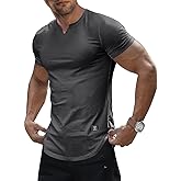 JMIERR Mens Muscle Slim T Shirts Texture V Neck Longline Henley Gym Workout Athletic Tee Shirt