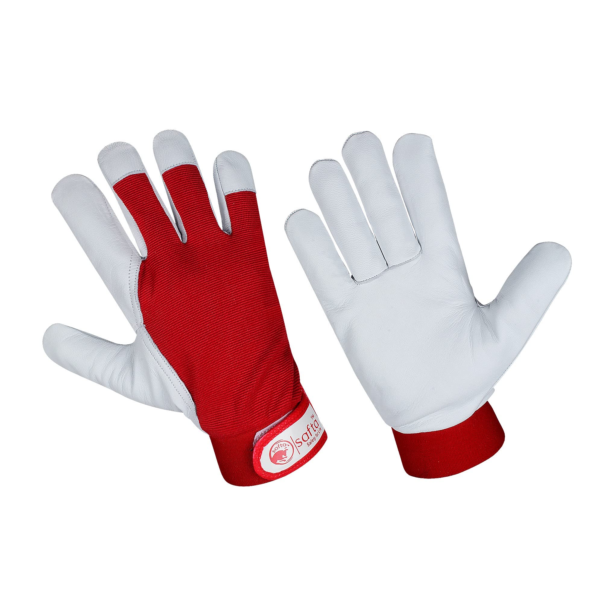 SAFTA Gardening Gloves for Men & Women, Leather palm with Breathable Spandex back, Thorn proof Gardening Glove, Heavy Duty Driver Glove, Multipurpose Gloves for Mechanics, Ware House. (Red, XL)