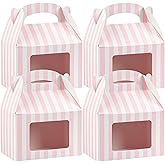Bio Tek 4 x 2.5 x 2.5 Inch Gable Boxes For Party Favors, 25 Attractive Gift Boxes - Striped Pattern, Pink And White Paper Barn Boxes, Clear PET Window, With Built-In Handle