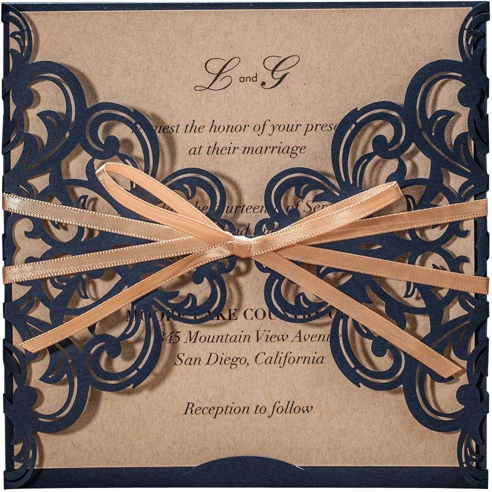 FLZOPYNE Wedding Invitations Cards 50X Laser Cut Rustic Navy Blue Square Invitations with Bow Lace Sleeve for Engagement Baby Bridal Shower Birthday Quinceanera CW6175B