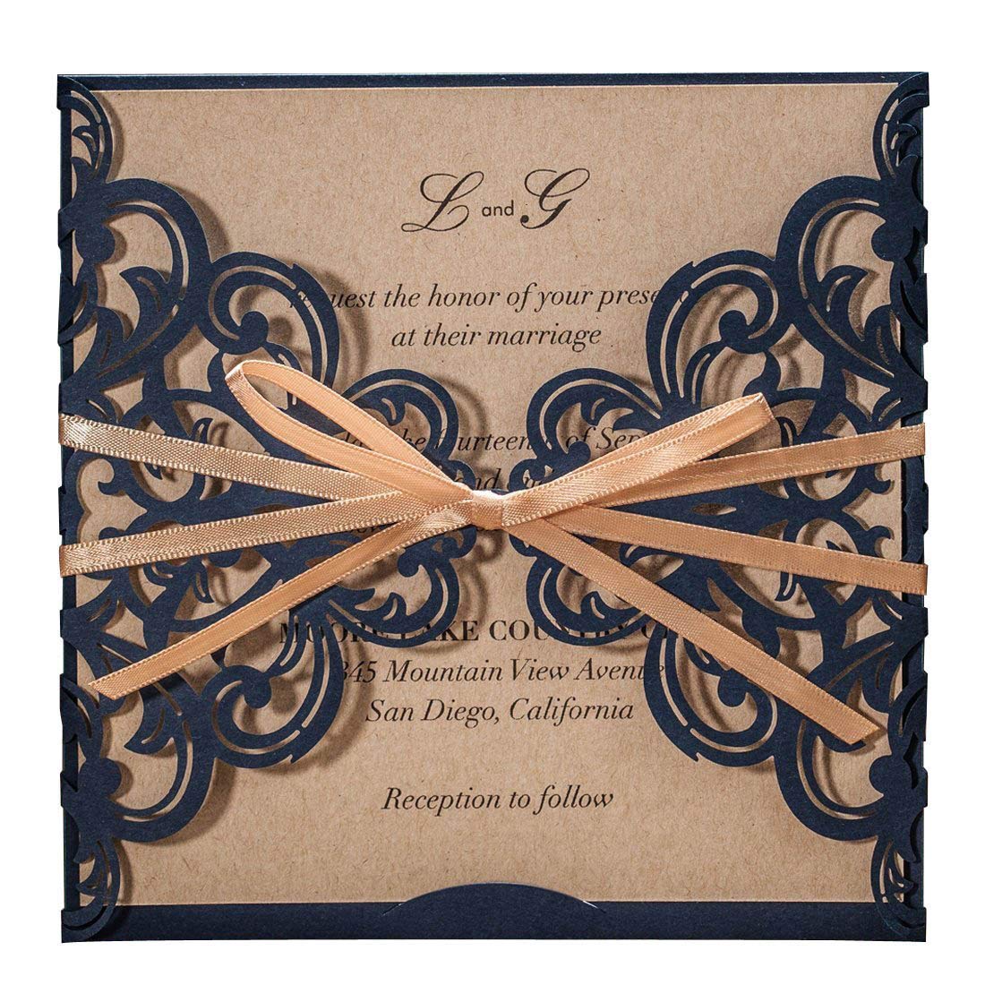 FLZOPYNE Wedding Invitations Cards 50X Laser Cut Rustic Navy Blue Square Invitations with Bow Lace Sleeve for Engagement Baby Bridal Shower Birthday Quinceanera CW6175B