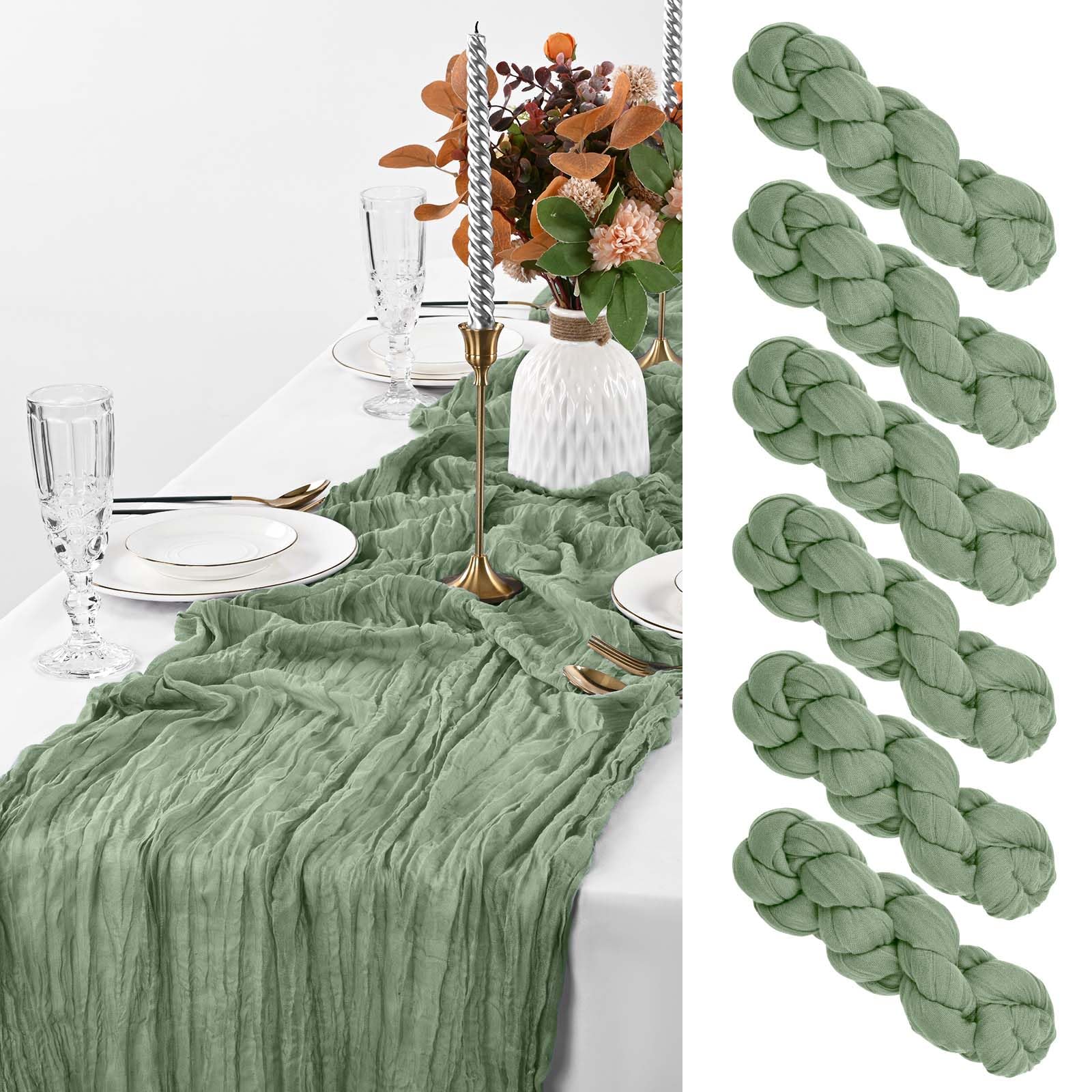 6Pack Sage Green Cheesecloth Table Runner, Rustic Sage Green Tablecloth 35"x120" Gauze Cheesecloth Fabric Semi-Sheer Runner for Wedding Reception, Bridal Shower Decor