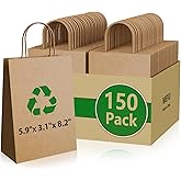 MIEVU 150Pack Small Gift Bags with Handles, 5.9x3.1x8.2 Inch Brown Paper Bags (130g More Sturdy Material) – Bulk Christmas Gift Bag, Party Favor Bags, Recyclable Craft Bags for Gifts,Brown