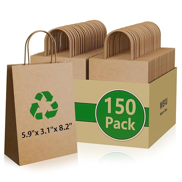 MIEVU 150PACK SMALL GIFT BAGS WITH HANDLES, 5.9X3.1X8.2 INCH BROWN PAPER BAGS (130G MORE STURDY MATERIAL) – BULK CHRISTMAS GIFT BAG, PARTY FAVOR BAGS, RECYCLABLE CRAFT BAGS FOR GIFTS,BROWN