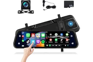 SIXTOP Mirror Dash Cam Front and Rear Camera with Apple Carplay/Android Auto 9.66 inch Mirror Backup Camera for Cars&Trucks Driving Recorder Voice Control 24-Hour Parking Monitoring Waterproof Night Vision