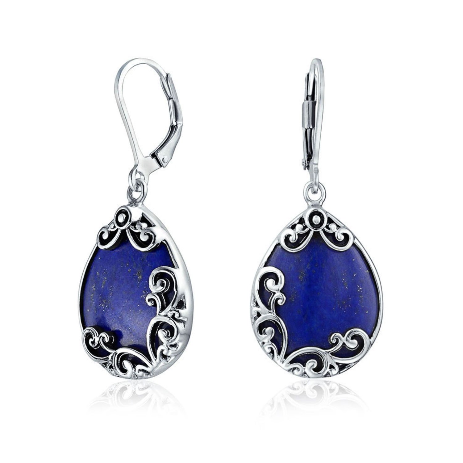 Western Style Teardrop Scroll Filigree Scroll Blue Lapis Lazuli Lever Back Dangle Earrings For Women .925 Sterling Silver โ image 1