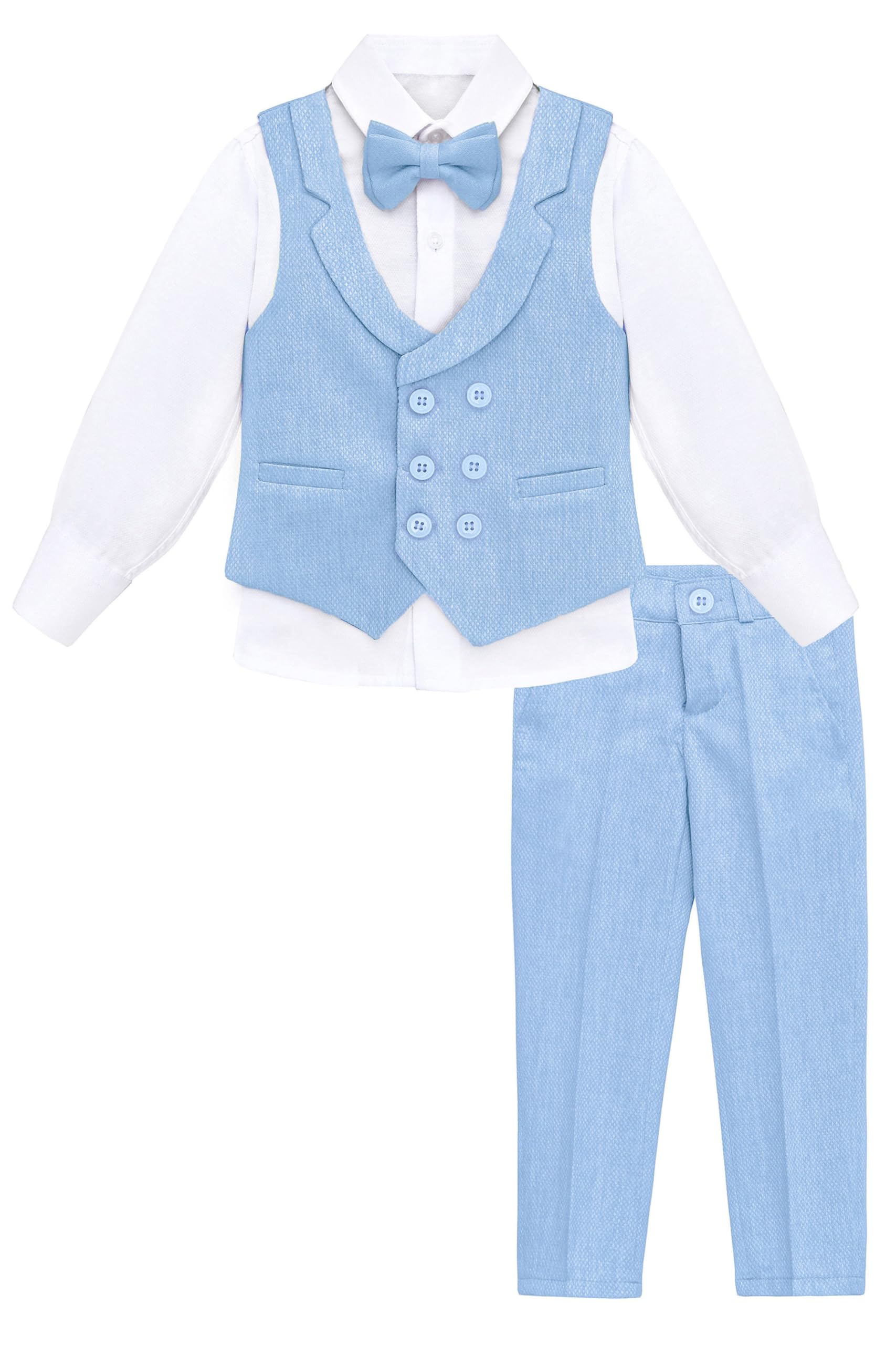 Photo 1 of Lilax Boys Suit Set Slim Fit Vest, White Dress Shirt, Dress Pants and Bowtie 4 Piece Formal Suit Set (5 Years, Light Blue)