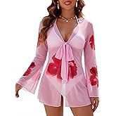 Blooming Jelly Womens Swimsuit Coverup Mesh Bathing Suit Cover Ups Swimwear Floral Long Sleeve Tie Summer Beach Dress