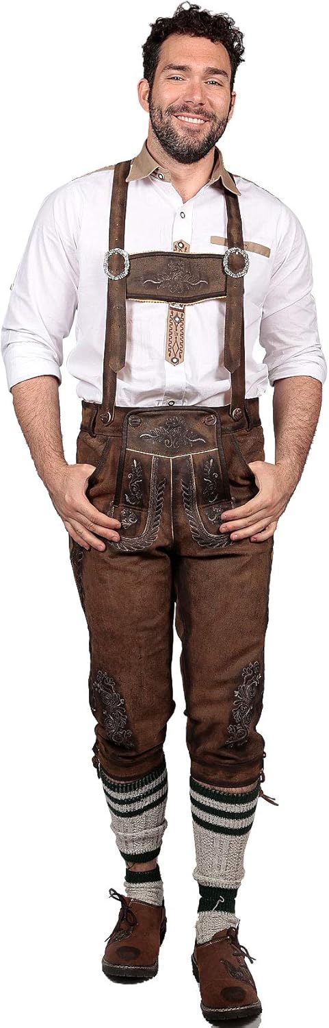 Knee Long Trachten Bundhosen Dark Brown, Authentic German Mens Lederhosen Long Oktoberfest Costume: Clothing