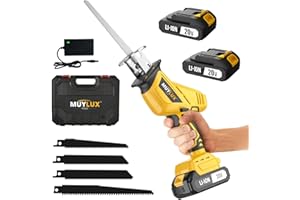 MUYLUX Cordless Reciprocating Saw, Electric Saw with Battery and Charger, 20V Battery Power Saws, 0-3500 SPM Variable Speed, Tool-Free Change, 4 PCS Blades for Wood PVC Metal Pipe Tree Cutting, 2 Batteries