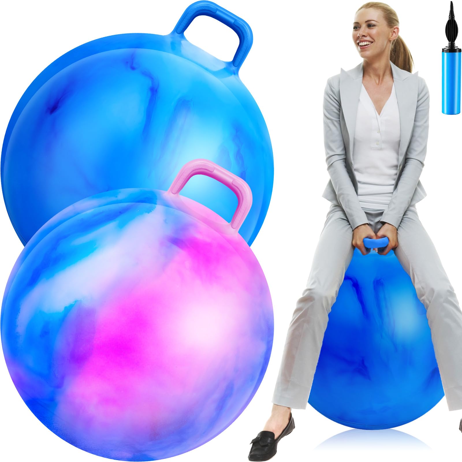 Lewtemi 29 Inch Big Bouncing Ball with Handle, 2 Pack, Gradient Blue & Blue Pink Cloud, Adults Exercise Ball & Air Pump, Outdoor Sports Game