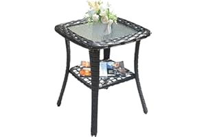 XIZZI Patio Coffee Table Outdoor Wicker Rattan End Table Glass Top Side Table with Storage,Brown Wicker