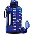 AQUAFIT 64 oz Water Bottle with Time Marker - Straw & Chug Lid - BPA Free Big Water Bottle with Straw - Gym Water Bottle with Handle - Gallon Water Jug (64 Ounces, Blue)