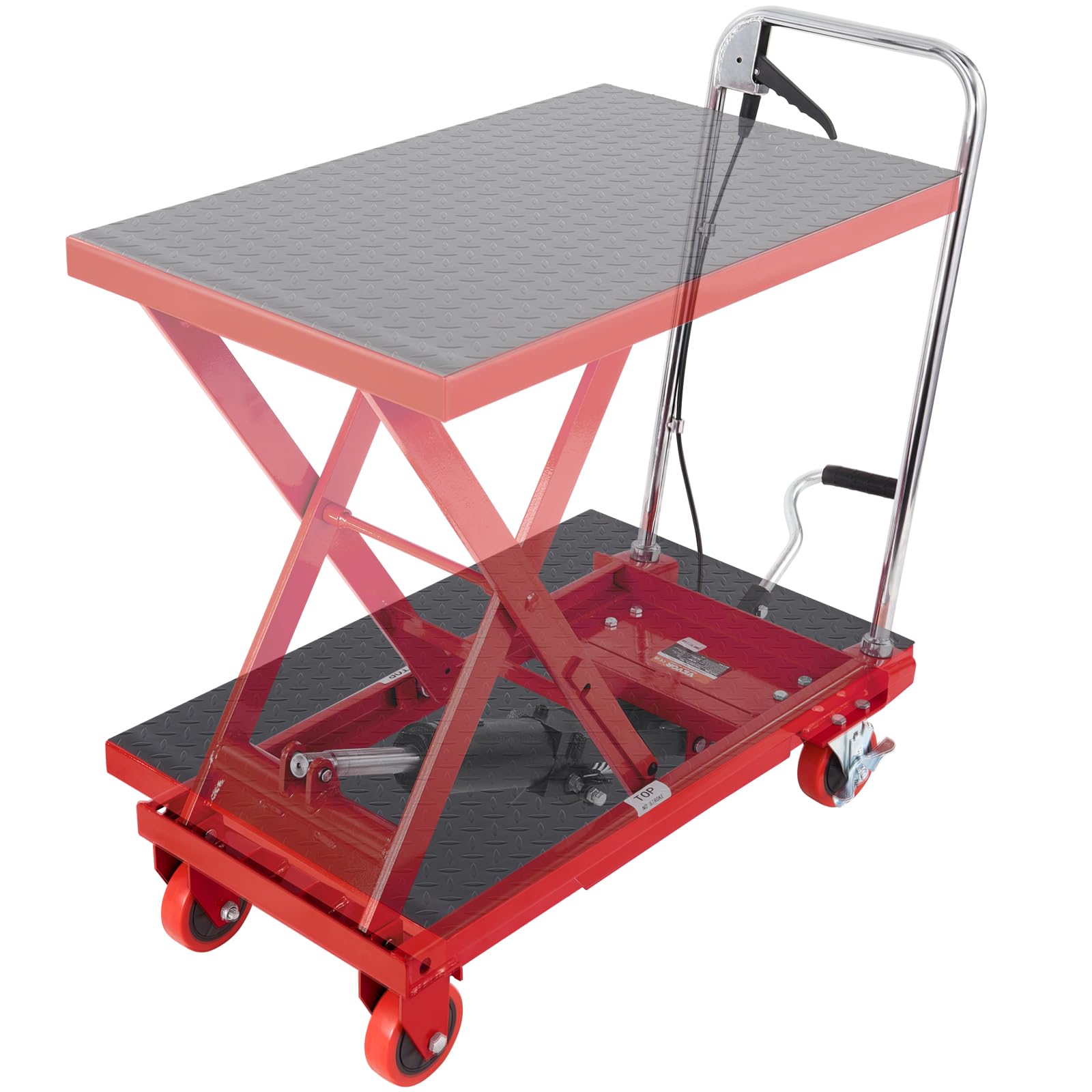 Photo 1 of VEVOR Hydraulic Lift Table Cart, 500lbs Capacity 28.5" Lifting Height, Manual Single Scissor Lift Table with 4 Wheels and Non-Slip Pad, Hydraulic Scissor Cart for Material Handling, Red