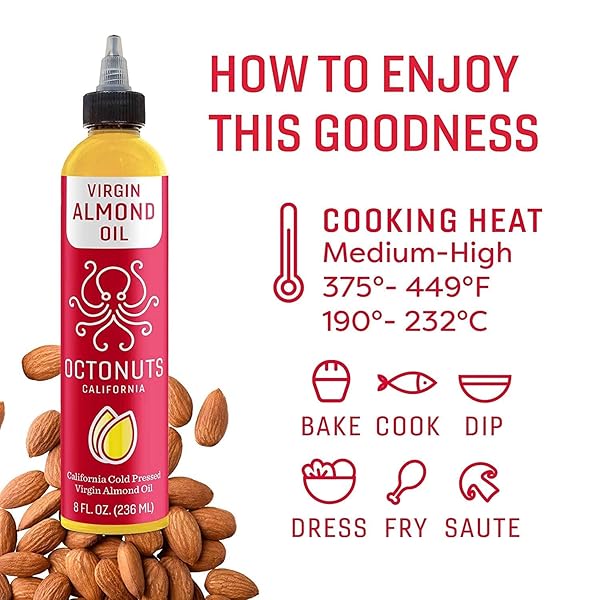 OCTONUTS COLD PRESSED ALMOND OIL, 8 OUNCE, MADE WITH CALIFORNIA ALMONDS, PLANT-BASED, KETO, PALEO FRIENDLY, VEGAN, GLUTEN FREE (ALMOND, 1- PACK)