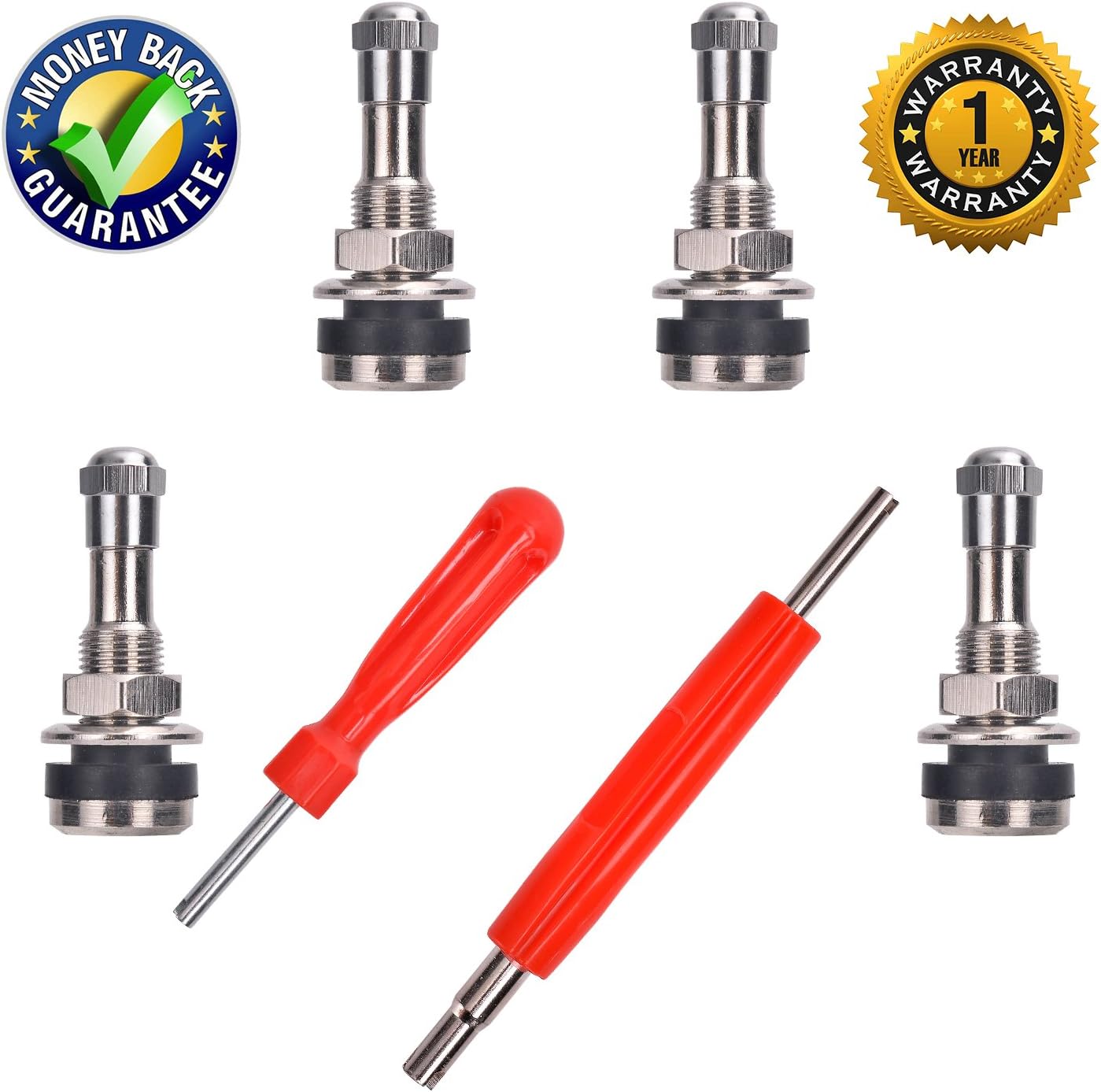 DCFlat TR-416 4（Pack） Metal Valve Stems Outer Mount Fits 453" & .625" Rim Holes Long 1 1/2" by Wadoy and 2 in 1 Set Dual Single Head Valve