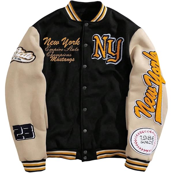 SOLY HUX Men's Letter Graphic Varsity Jacket Long Sleeve Button Up