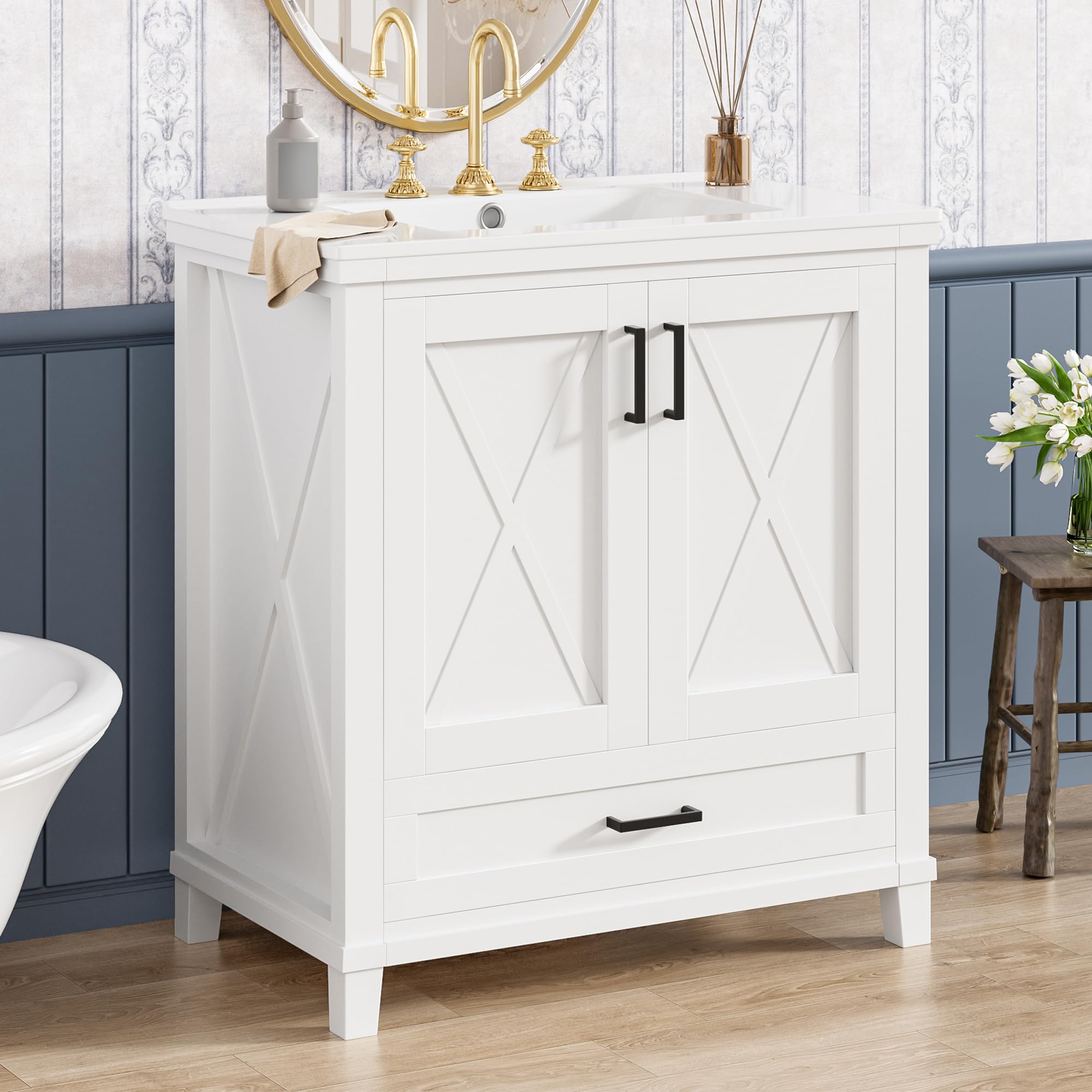 Photo 1 of **used***********Merax 30" Bathroom Vanity with Single Ceramic Sink, Freestanding Modern Vanities Cabinet & Adjustable Storage Shelf, Dual Door Shelves and 1 Divided Drawer, Soft Closing Doors, Solid Wood Frame, White