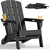 SUUNYN Folding Adirondack Chair, HDPE All-Weather Fire Pit Chairs, Plastic Adirondack Chairs with 2 Cup Holder, Outdoor Lawn Chair for Patio Garden (Black)