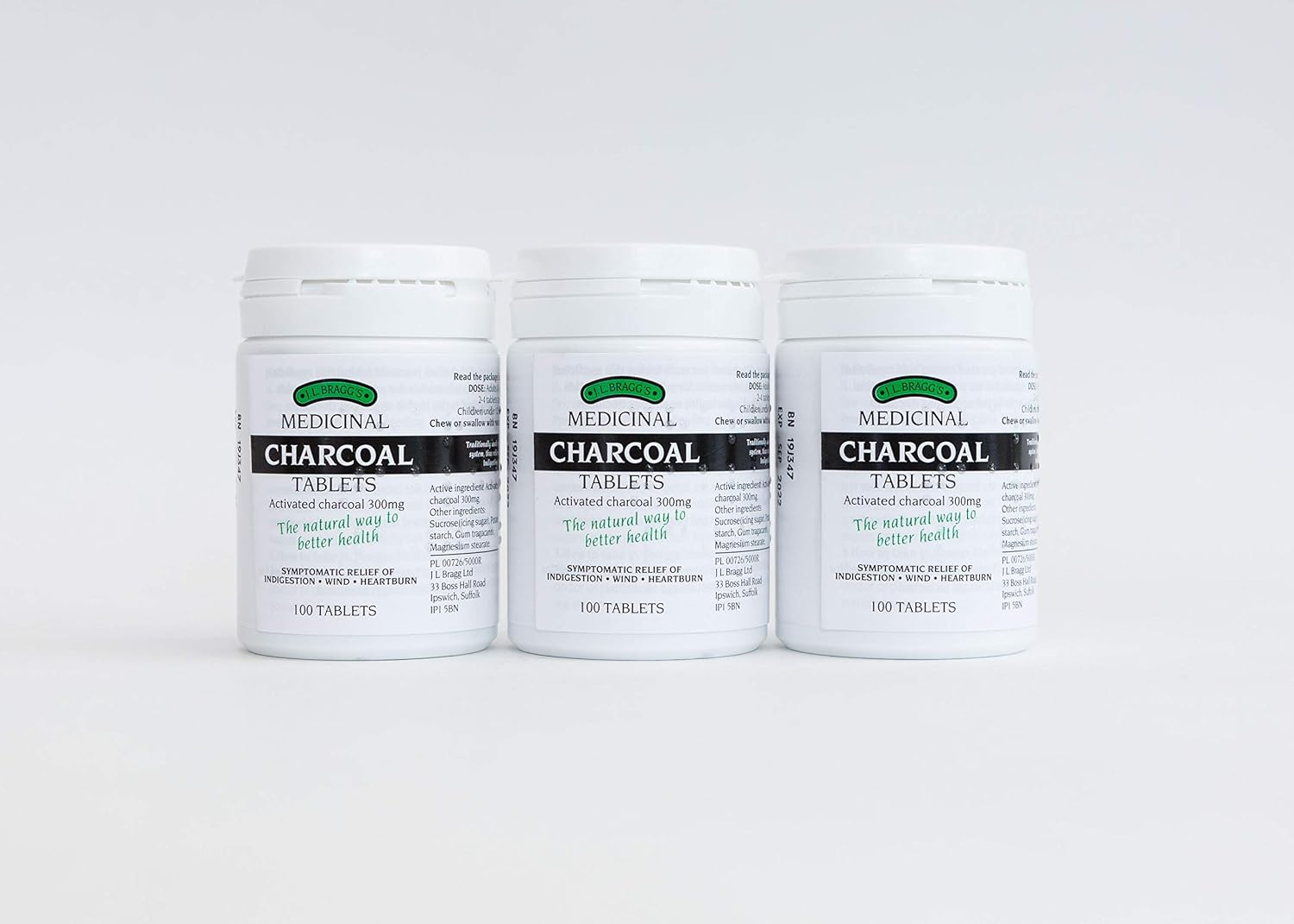 J.L Bragg's Charcoal Tablets 100, Pack of 3, Black, 100 Count (Pack of 3)