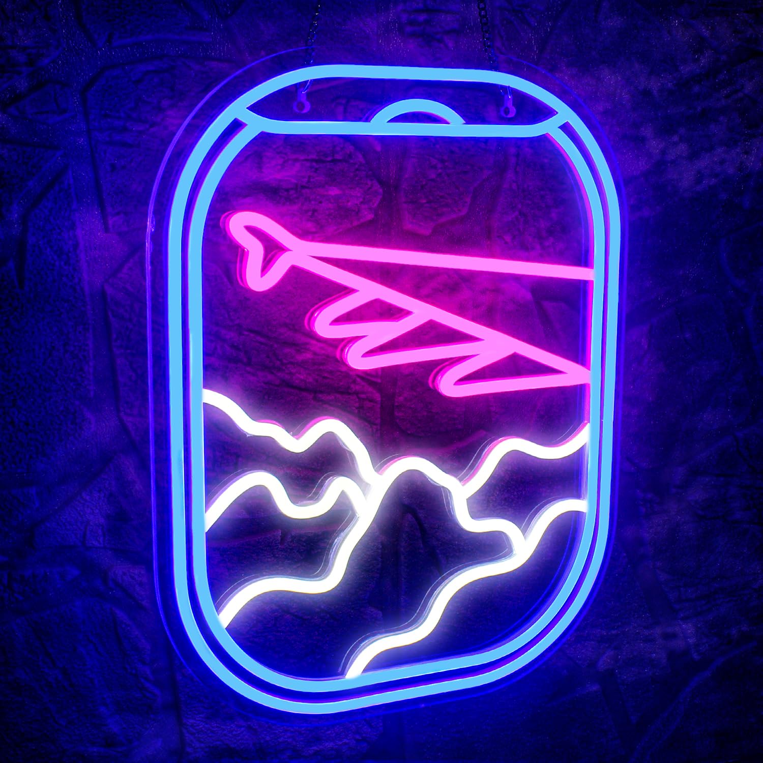 Photo 1 of WLHOPE Airplane Window View Neon Signs Blue Pink LED Neon Sign for Wall Decor, USB Plane Window Clouds Neon Light Up Signs for Bedroom Living Room Game Room Office Shop Airport Wall Art Decor
