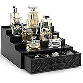 Uipame Cologne Organizer for Men, 4 Tier Stand With Velvet Lining Drawer and Hidden Compartment, Wood Perfume Shelf, Display Holder for Watch Jewelry, Great Gifts for Men