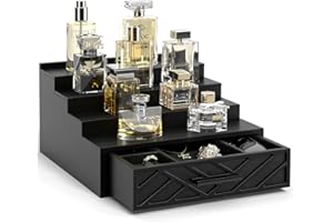 UIPAME Cologne Organizer for Men, 4 Tier Perfume Organizer with Velvet Lining Drawer and Hidden Compartment, Wood Cologne Stand Perfume Shelf, Perfume Display Holder for Watch Jewelry, Great Gifts for Men