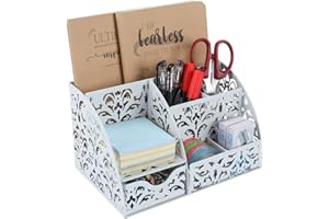 EasyPAG Elegant Floral Desk Organizer with Sliding Drawer - 6 Compartments Metal Desktop Caddy, Decorative Hollow Flower Design, Anti-Scratch Pads for Home, Office, School, White