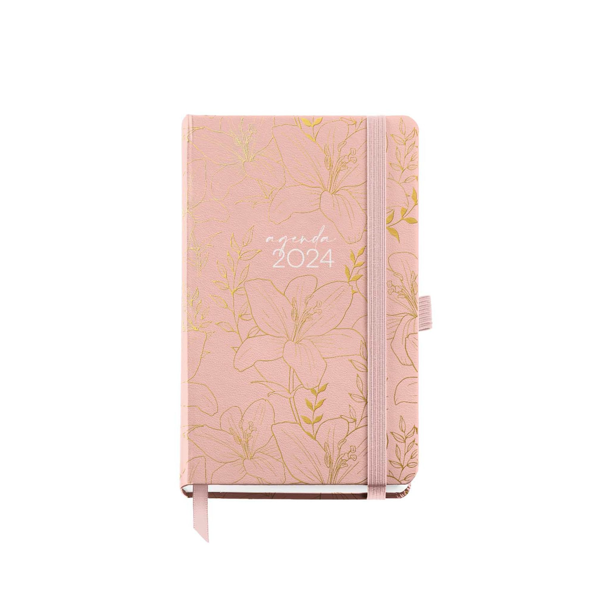 Miquelrius - Annual Diary 2024, Day Page, Passport Size 90 x 140 mm, Hard Cover, Sewn Binding, Elastic Closure, Catalan, English and Portuguese, Pink with Flowers in Gold Stamping