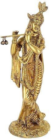 Aesthetic Decors Brass Lord Krishna Stand Idol (26 cm x 9 cm x 8 cm, Golden)