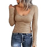 Roselux Women Long Sleeve Scoop Neck Ribbed Fitted Knit Shirt Basic T-Shirts