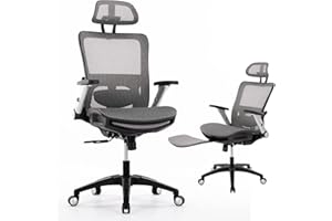 COLAMY Ergonomic Mesh Office Chair with Footrest, High Back Computer Executive Desk Chair with Headrest and 4D Flip-up Armrests, Adjustable Tilt Lock and Lumbar Support-Grey