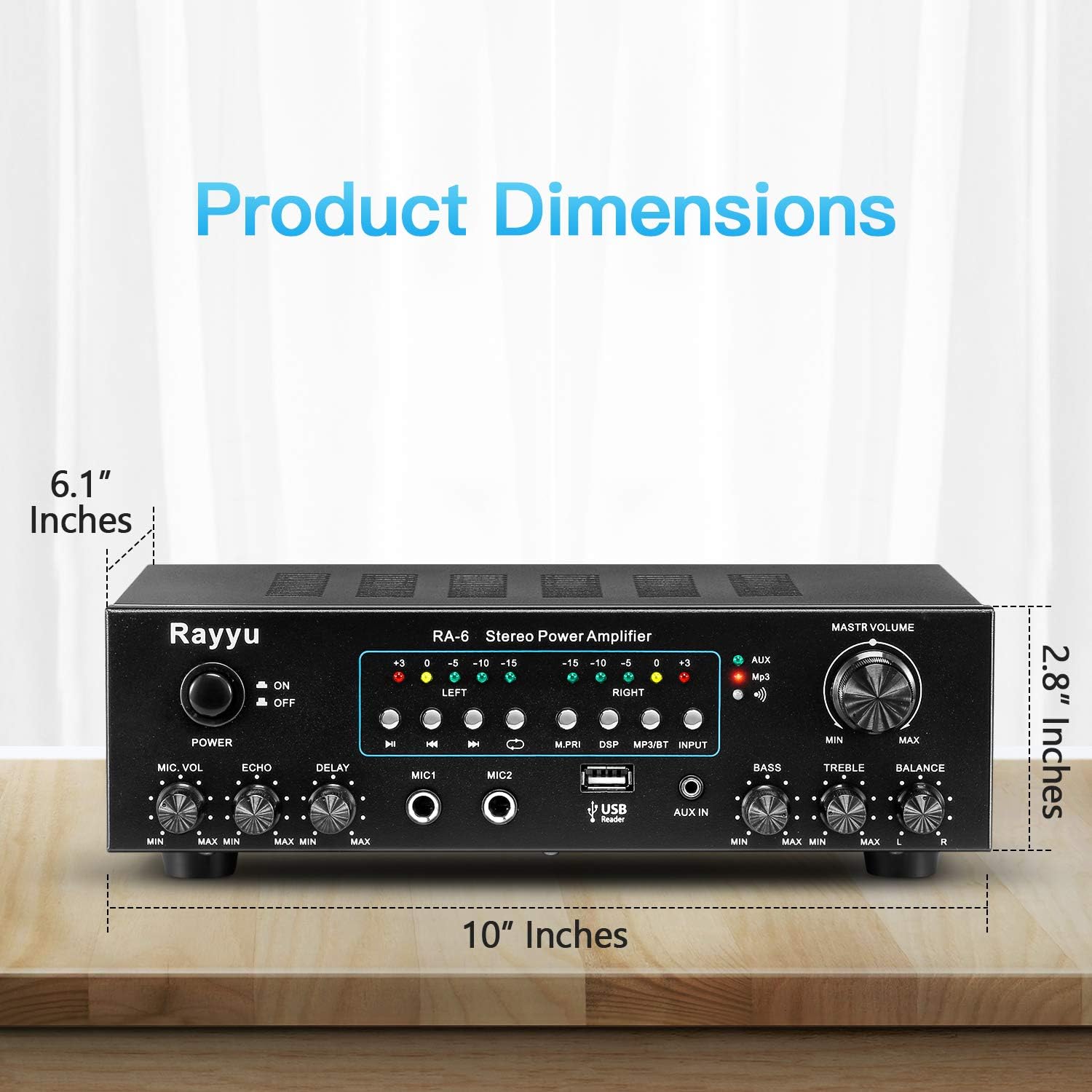 Rayyu Professional Digital Stereo Reverb MP3 Amplifier, Bluetooth Compatible Home Audio Power Amplifier，App Control，2x30W Mini Dual Channel，1/4”Microphone Input Jacks, Compact with USB/AUX RA-6: Home Audio & Theater