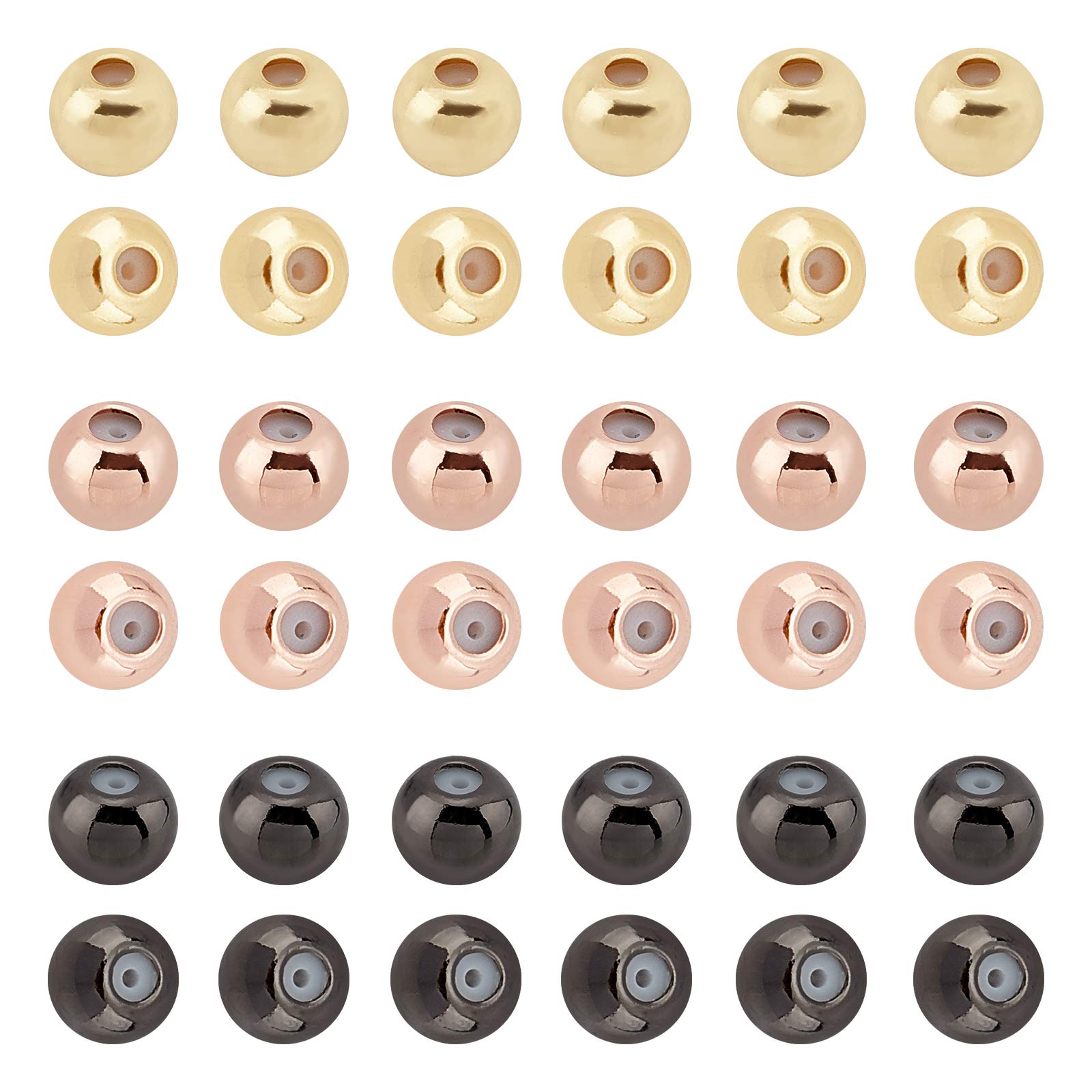 SUPERFINDINGS 60Pcs Rubber Hole Round Brass Beads 3 Colors 4x3mm Stopper Positioning Spacer Beads Slider Beads with Smooth Hole Solid Weight for Bracelet Necklace Jewelry Making