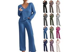 TIGENA 2 Piece Outfits for Women Knit Sweater Long Sleeve Crewneck Tops and Wide Leg Pants 2024 Ribbed Fall Lounge Set