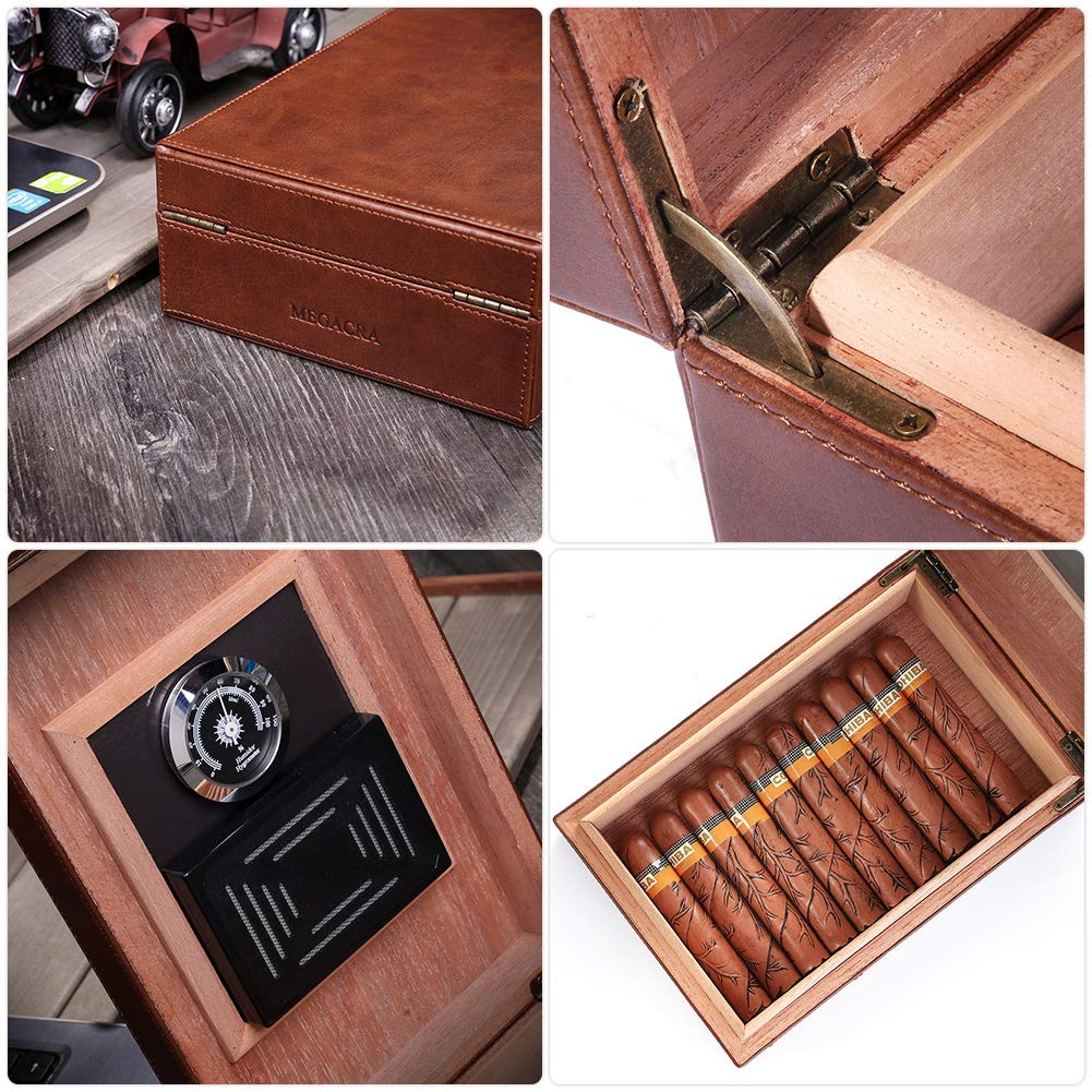 MEGACRA Cedar Cigar Humidor, Leather Cigar Box with Hygrometer and Humidifier Portable Travel Cigar Humidor Holds 10-20 Cigars