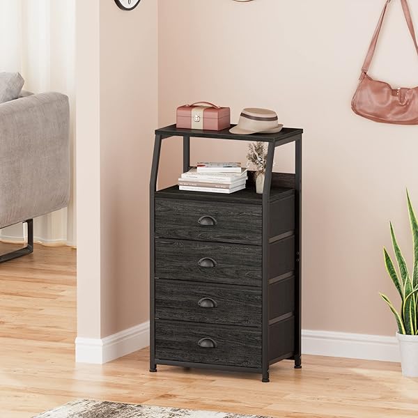 FURNULEM TALL 4 DRAWERS DRESSER, VERTICAL STORAGE TOWER BLACK DRESSER FOR BEDROOM, HALLWAY, ENTRYWAY, NURSERY, CLOSET ORGANIZER, NIGHTSTAND BEDSIDE TABLE FURNITURE, STURDY STEEL FRAME, WOOD TOP
