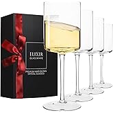 Square Wine Glasses Set of 4 - 14 oz - Crystal Wine Glass Set in Gift Packaging - Large Red Wine Glass on Long Stem - Housewarming Gifts New Home - Glasses Drinking Set - For White & Red Wine