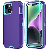 ouyncase Phone Case for iPhone 14 Plus Case with HD Screen Protector, Heavy Duty Shockproof & DustProof & Dropproof 3-Layer Cover Phone Case for iPhone 14 Plus (6.7'') (PurpleSkyBlue)
