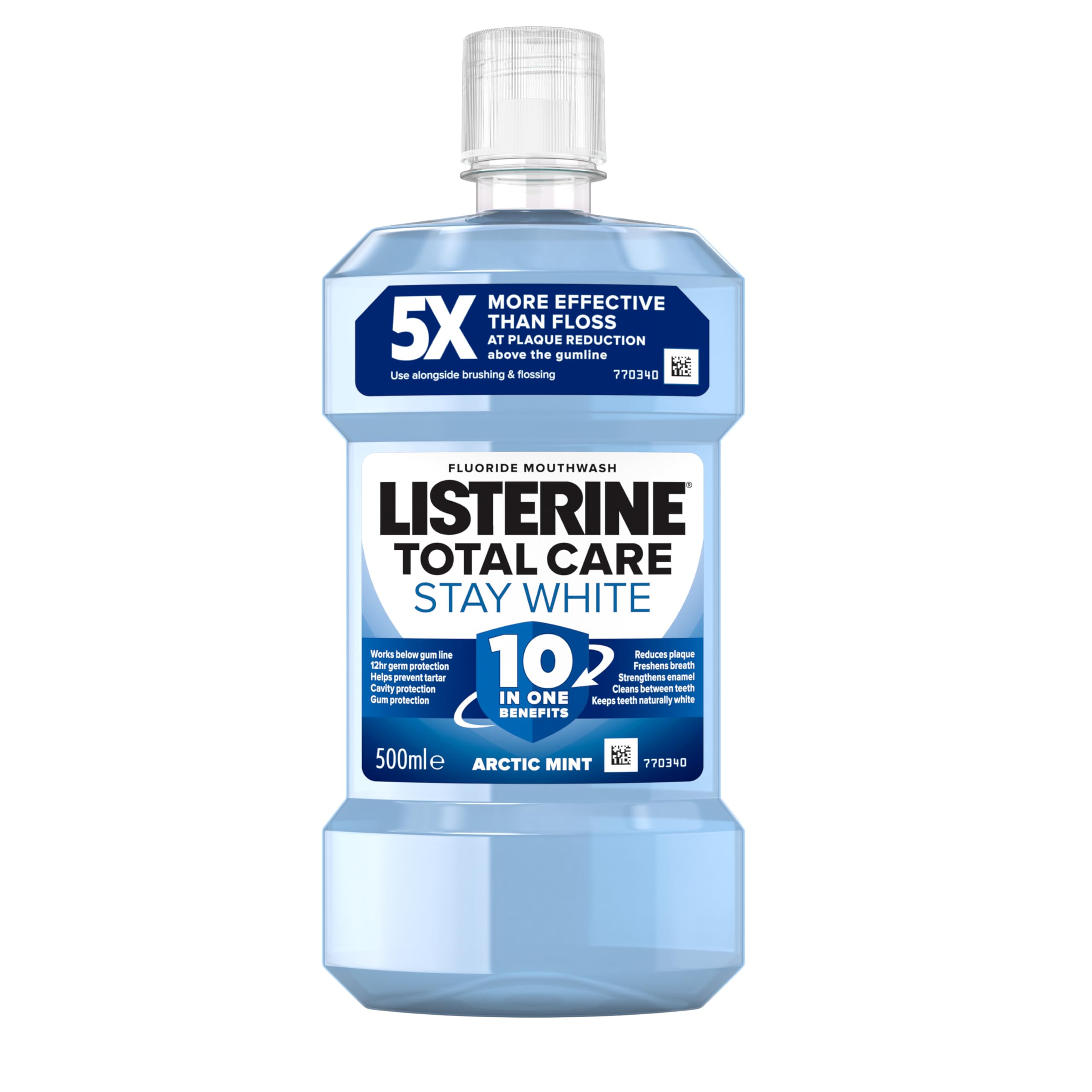 Listerine Total Care Stay White Mouthwash (1x 500ml), 10-in-1 Benefit Mouthwash for Total Oral and Gum Care to Maintain a Clean and Healthy Mouth and Naturally White Teeth