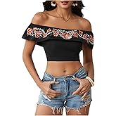 MakeMeChic Women's Floral Embroidered Off Shoulder Ruffle Trim Crop Top Blouse Shirt