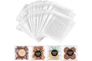 NPLUX 200PACK Self Sealing Cellophane Treat Bags Clear Cookie Bags for Gift Giving with Stickers(White Polka Dot, 4X4INCH)