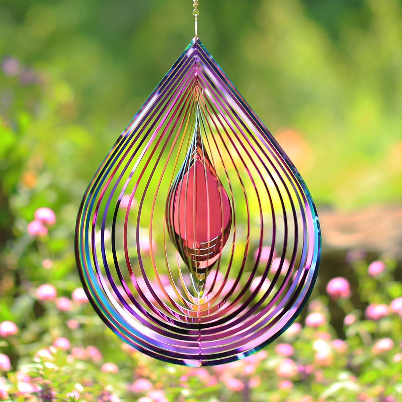 Wind Spinners Outdoor, 3D Water Drop Hanging Wind Spinners, Gradient Rainbow Color, 12 inches Stainless Steel Metal, for Garden, Yard Décor, Outside, Gifts for Women Mom Wife